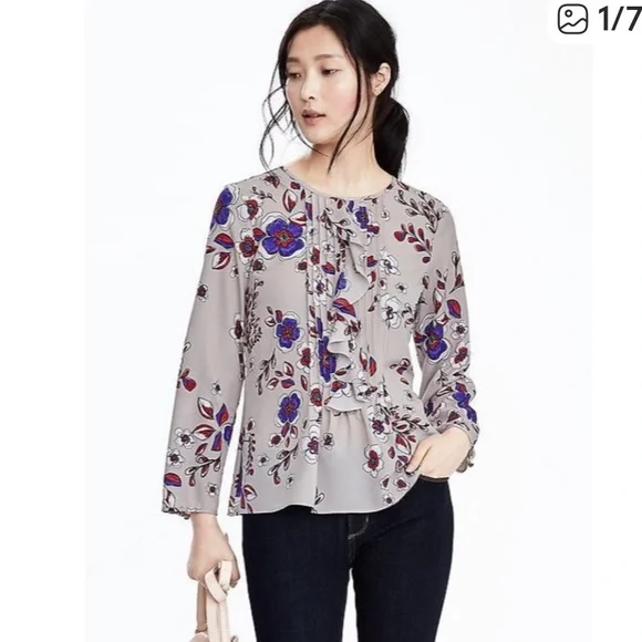 Banana Republic Floral Ruffle Blouse - Gray and Purple Size Small - Picture 1 of 9